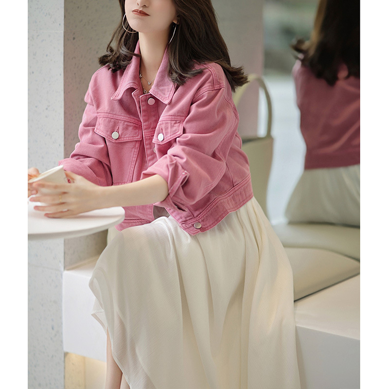 Rózsaszín farmerdzseki, rövid, koreai stílusú, laza felső 2023 tavasz és ősz új, elegáns, laza tavaszi női ruházat