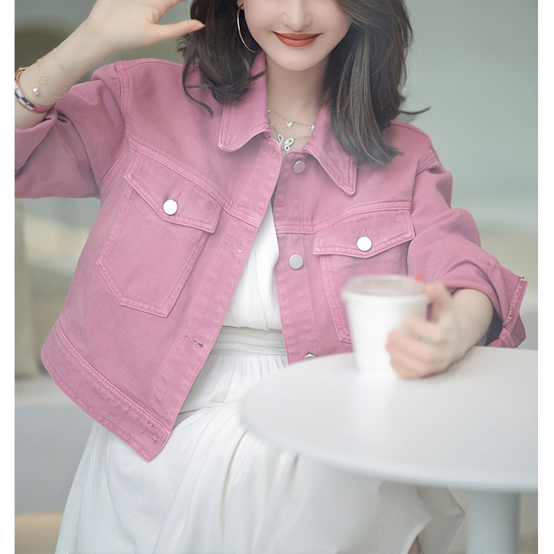 Rózsaszín farmerdzseki, rövid, koreai stílusú, laza felső 2023 tavasz és ősz új, elegáns, laza tavaszi női ruházat