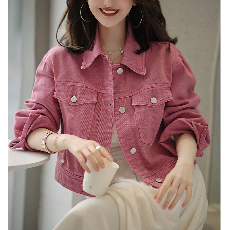 Rózsaszín farmerdzseki, rövid, koreai stílusú, laza felső 2023 tavasz és ősz új, elegáns, laza tavaszi női ruházat