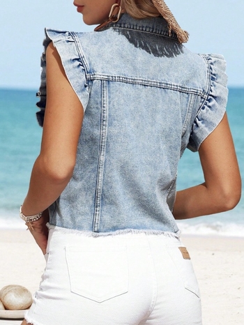 Γυναικείο ανοιχτό μπλε τζιν μπουφάν με βολάν στα μανίκια και κουμπιά μπροστά - casual κοντομάνικο παλτό για την άνοιξη-καλοκαίρι,