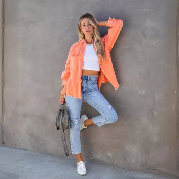 Άμεσες Πωλήσεις Εργοστασίου Φθινόπωρο 2025 Ευρωπαϊκό και Αμερικανικό Τζιν Μπουφάν με Μακρυμάνικο Γυναικείο Μπουφάν με Πλυμένα Ακατέργαστα Άκρα, Μεσαίου Μήκους, σε Απόθεμα