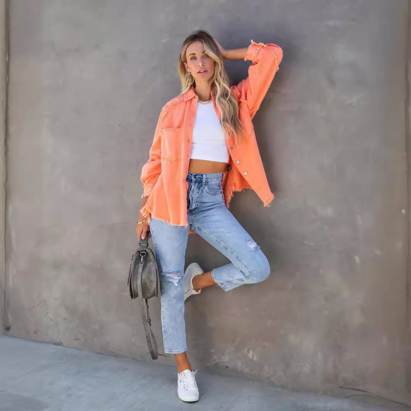 Gyári közvetlen értékesítés 2025 őszi európai és amerikai hosszú ujjú farmerdzseki női mosott, nyers szélű, középhosszú, laza dzseki raktáron