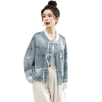 Γυναικείο τζιν μπουφάν Νέα κινέζικη ανοιξιάτικη ένδυση σε εθνικό στυλ Άνοιξη & Φθινόπωρο 2024 Νέα γυναικεία ρούχα Ευρωπαϊκό στυλ Κέντημα Συγκόλληση