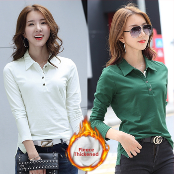 Hosszú ujjú, hajtókás ing, női tavaszi-nyári, meleg, polár béléssel ellátott, vastagított, sokoldalú pamut koreai póló 1818-2