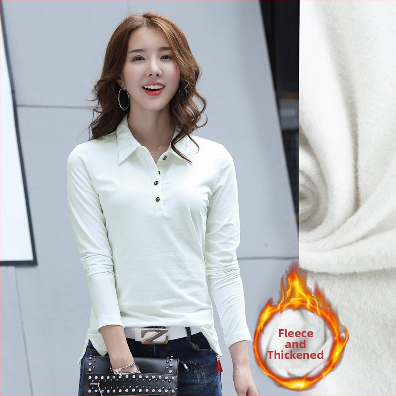 Hosszú ujjú, hajtókás ing, női tavaszi-nyári, meleg, polár béléssel ellátott, vastagított, sokoldalú pamut koreai póló 1818-2