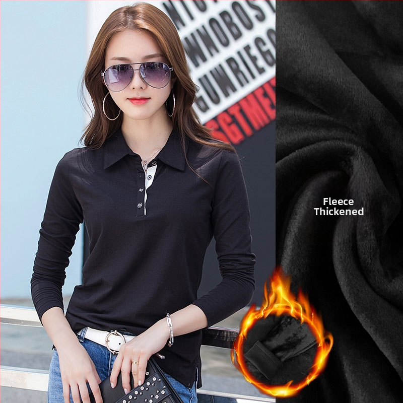 Hosszú ujjú, hajtókás ing, női tavaszi-nyári, meleg, polár béléssel ellátott, vastagított, sokoldalú pamut koreai póló 1818-2