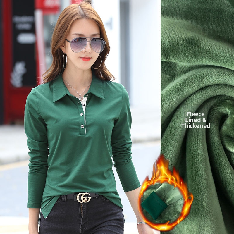 Hosszú ujjú, hajtókás ing, női tavaszi-nyári, meleg, polár béléssel ellátott, vastagított, sokoldalú pamut koreai póló 1818-2