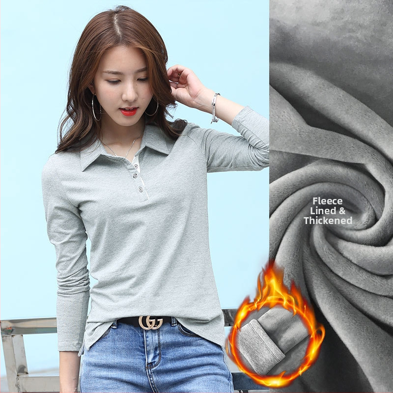 Hosszú ujjú, hajtókás ing, női tavaszi-nyári, meleg, polár béléssel ellátott, vastagított, sokoldalú pamut koreai póló 1818-2