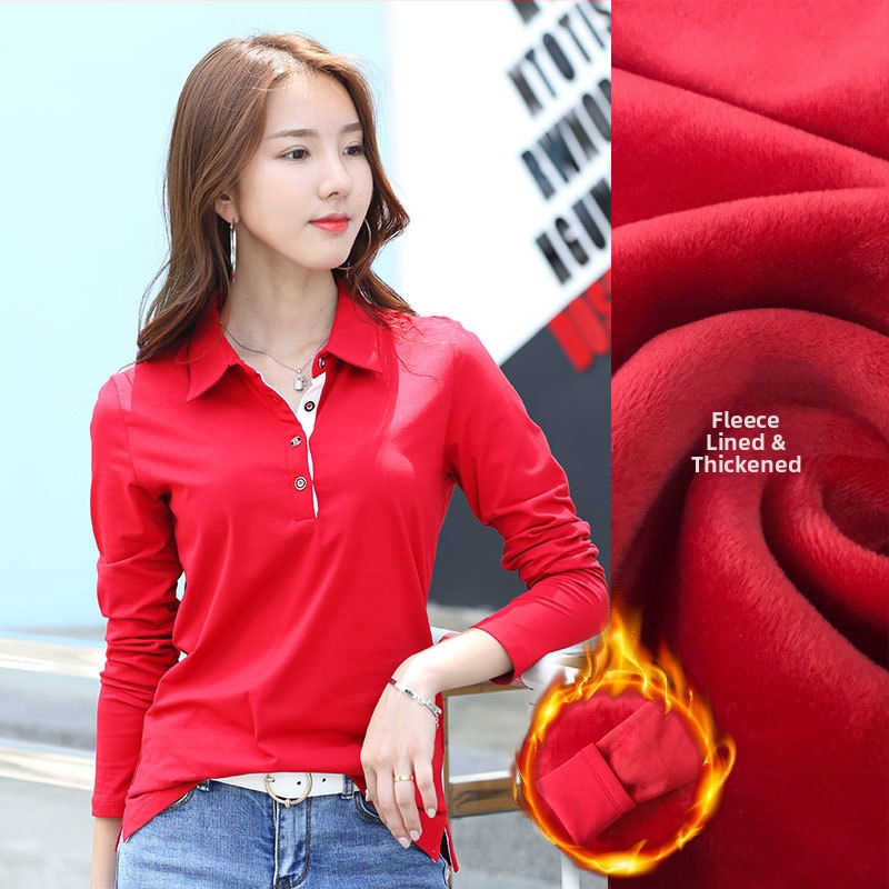 Hosszú ujjú, hajtókás ing, női tavaszi-nyári, meleg, polár béléssel ellátott, vastagított, sokoldalú pamut koreai póló 1818-2