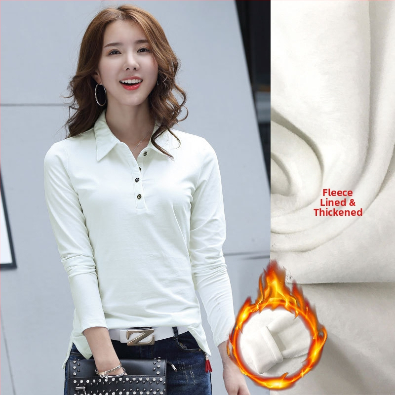 Hosszú ujjú, hajtókás ing, női tavaszi-nyári, meleg, polár béléssel ellátott, vastagított, sokoldalú pamut koreai póló 1818-2
