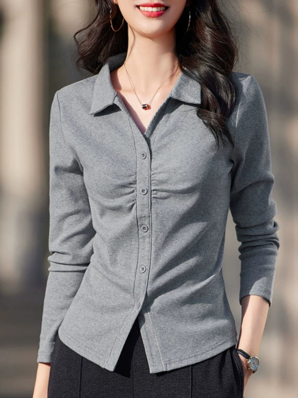 POLO galléros hosszú ujjú póló női tavaszi/nyári új 2025 hajtókás egyszínű gombos rakott all-meccs alap ing felső