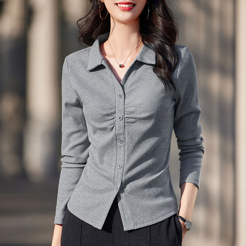 POLO galléros hosszú ujjú póló női tavaszi/nyári új 2025 hajtókás egyszínű gombos rakott all-meccs alap ing felső