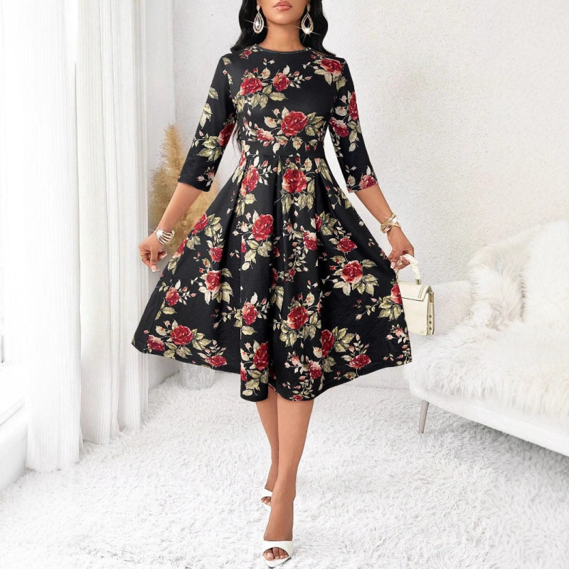 Európa és az Egyesült Államok határokon átnyúló női külkereskedelmi új Amazon független állomás virágmintás ujjú hosszú tavaszi és őszi ruha