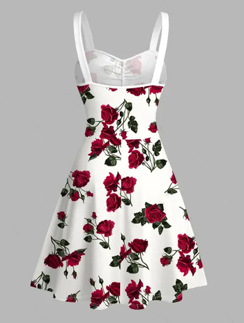 „Cross-Border Export“ retro rožių rašto vidutinio ilgio sijonas su diržu - elegantiškas berankovis A linijos sijonas