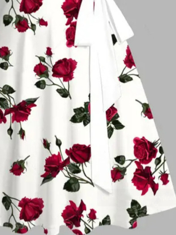 „Cross-Border Export“ retro rožių rašto vidutinio ilgio sijonas su diržu - elegantiškas berankovis A linijos sijonas