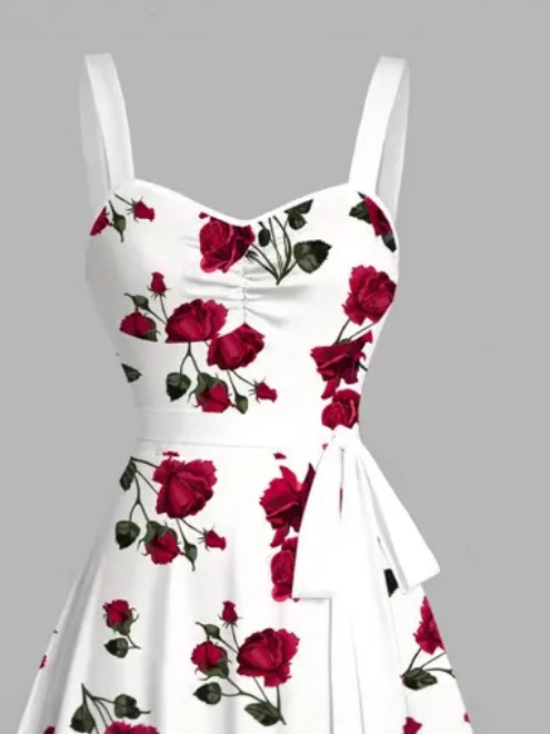 „Cross-Border Export“ retro rožių rašto vidutinio ilgio sijonas su diržu - elegantiškas berankovis A linijos sijonas