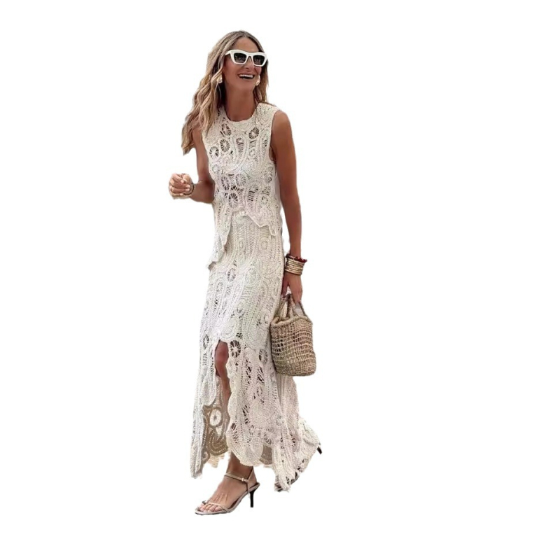 2025-ös orosz, határokon átnyúló, európai és amerikai Amazon új, kivágott, csipkés, aszimmetrikus mellény-felső és szoknyakosztüm