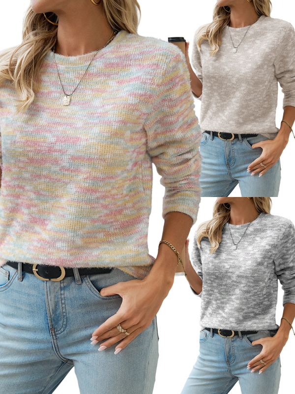 2025 Új, raktáron lévő, határokon átnyúló, európai és amerikai színes csíkos moher pulóver nőknek, őszi és téli bő, kerek nyakú kötött pulóver