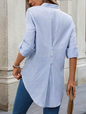 Divatos, lezser, vállpántos, kék csíkos, állógalléros, hosszú ujjú, gombos ing, új, sokoldalú, kis méretű, keresztpántos dzseki