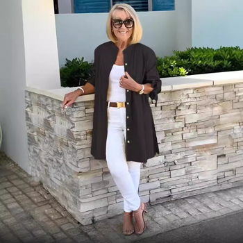 2024-es AliExpress egysoros, professzionális hajtókás elegáns ingázó kardigán, egyszínű, hosszú ujjú pamuting