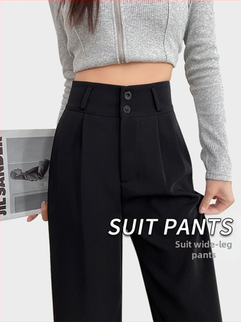 Keskeny méretű, bő szárú öltönynadrág, női tavaszi és őszi 2024-es, magas derekú, karcsúsító, fekete, lezser, egyenes szabású munkásnadrág nyárra