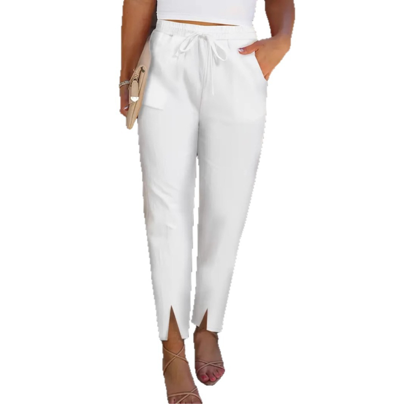 2025-ös új nyári női fehér, egyenes szárú nadrág, lélegző, rugalmas anyagból, oldalsó zsebekkel, kényelmes minden évszakban