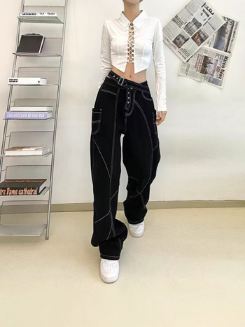 Europietiško ir amerikietiško dizaino asimetriškos diržo formos džinsinės tiesios kelnės moterims, laisvos ir lieknos, universalios kelnės