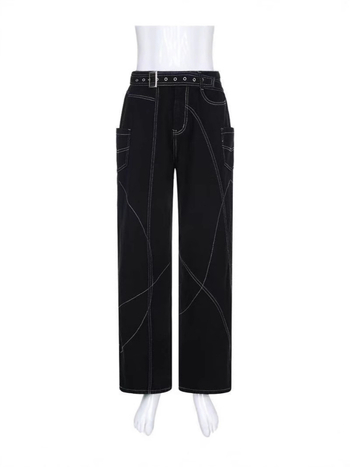 Europietiško ir amerikietiško dizaino asimetriškos diržo formos džinsinės tiesios kelnės moterims, laisvos ir lieknos, universalios kelnės