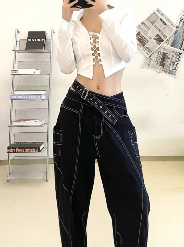 Europietiško ir amerikietiško dizaino asimetriškos diržo formos džinsinės tiesios kelnės moterims, laisvos ir lieknos, universalios kelnės