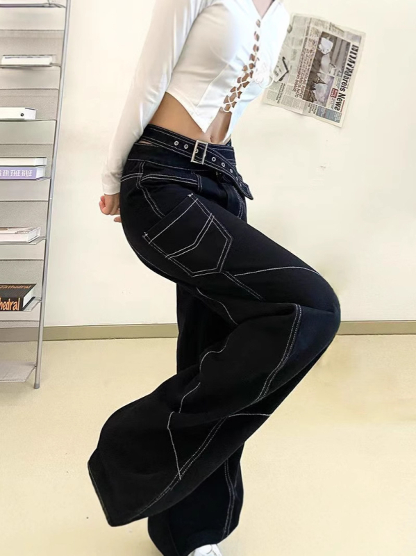 Europietiško ir amerikietiško dizaino asimetriškos diržo formos džinsinės tiesios kelnės moterims, laisvos ir lieknos, universalios kelnės
