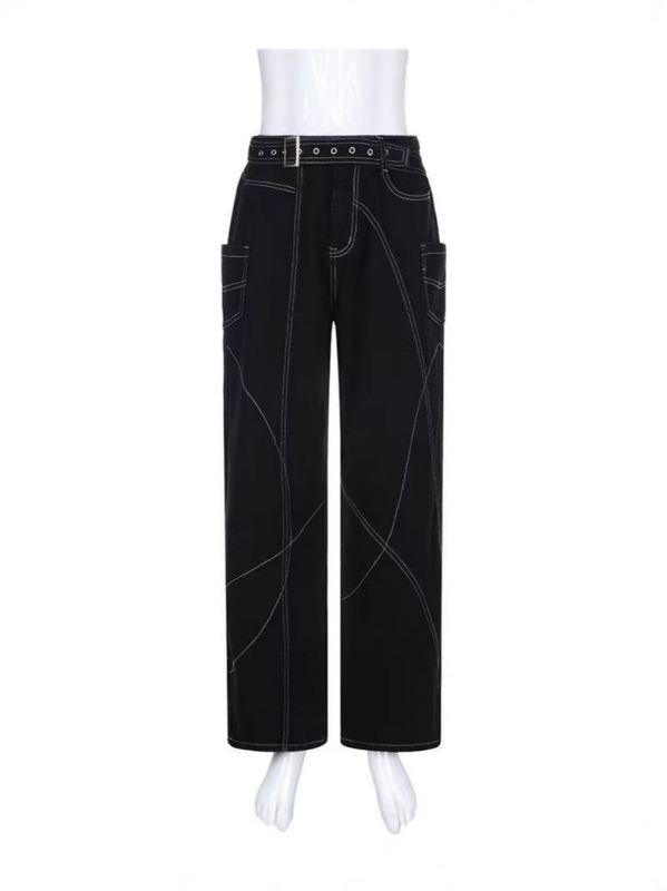 Europietiško ir amerikietiško dizaino asimetriškos diržo formos džinsinės tiesios kelnės moterims, laisvos ir lieknos, universalios kelnės