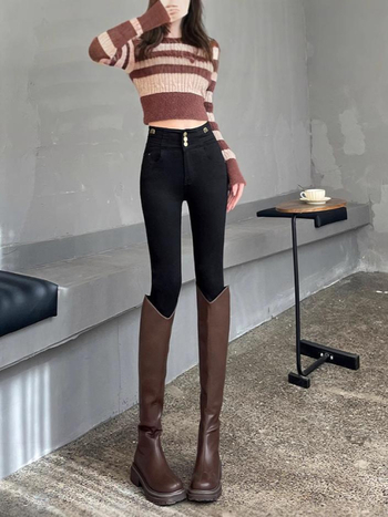 Fekete skinny farmer női 2025 tavaszi/nyári szupermagas derekú, háromsoros csattal ellátott külső viselet, leggings, ceruzaleggings, csizmák, nadrágok