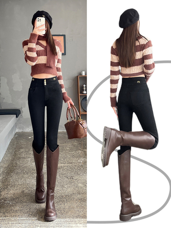 Fekete skinny farmer női 2025 tavaszi/nyári szupermagas derekú, háromsoros csattal ellátott külső viselet, leggings, ceruzaleggings, csizmák, nadrágok