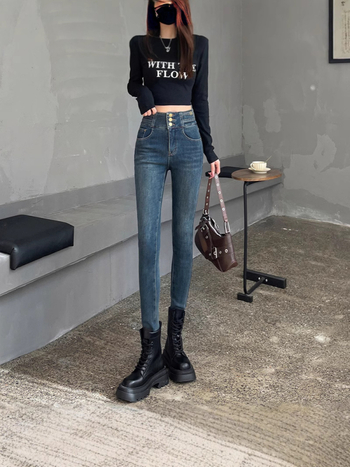 Fekete skinny farmer női 2025 tavaszi/nyári szupermagas derekú, háromsoros csattal ellátott külső viselet, leggings, ceruzaleggings, csizmák, nadrágok