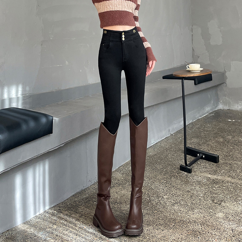 Fekete skinny farmer női 2025 tavaszi/nyári szupermagas derekú, háromsoros csattal ellátott külső viselet, leggings, ceruzaleggings, csizmák, nadrágok