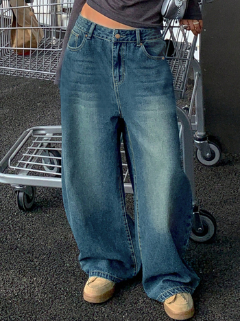 Határokon átnyúló külkereskedelem Amazon Európa és Amerika Retro kék mosott egyenes farmer női amerikai bő, széles szárú nadrág