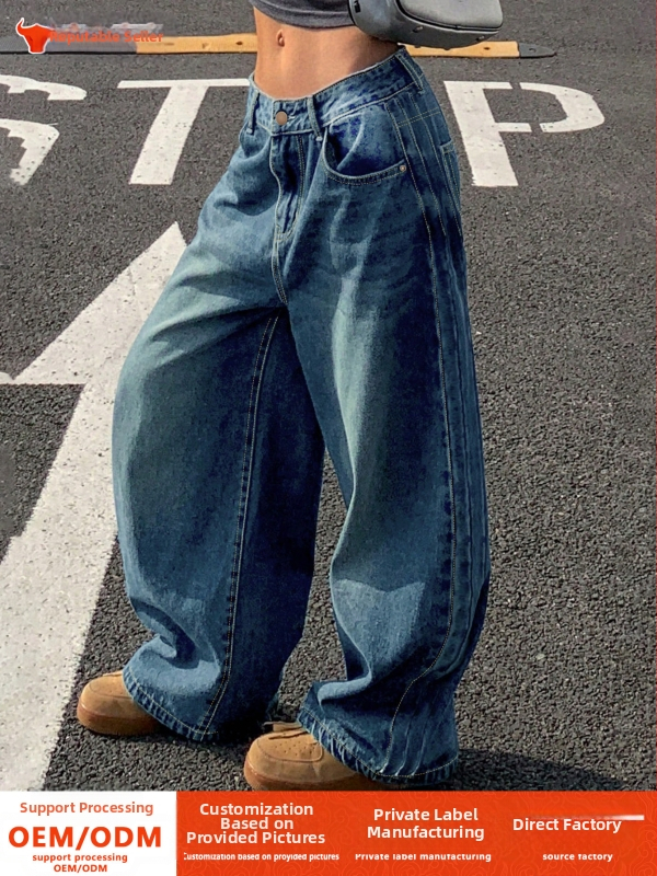 Határokon átnyúló külkereskedelem Amazon Európa és Amerika Retro kék mosott egyenes farmer női amerikai bő, széles szárú nadrág
