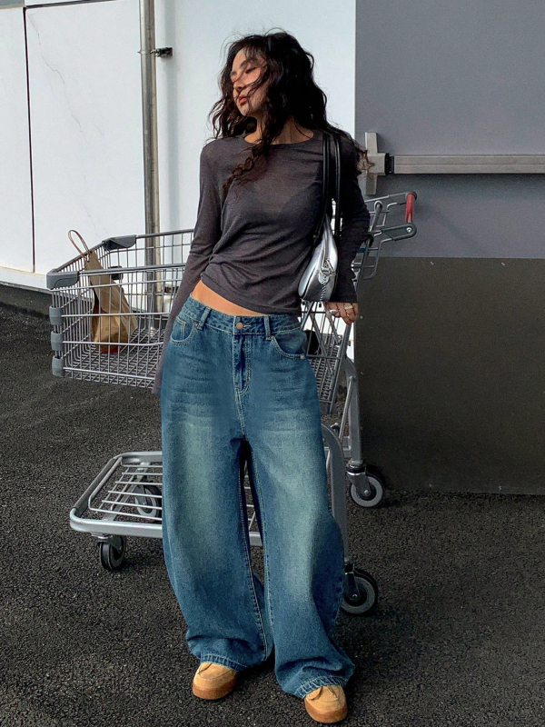 Határokon átnyúló külkereskedelem Amazon Európa és Amerika Retro kék mosott egyenes farmer női amerikai bő, széles szárú nadrág