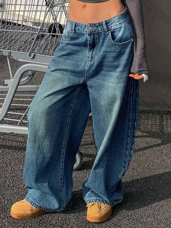 Határokon átnyúló külkereskedelem Amazon Európa és Amerika Retro kék mosott egyenes farmer női amerikai bő, széles szárú nadrág