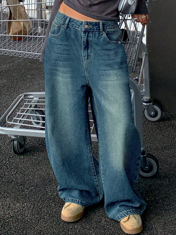 Határokon átnyúló külkereskedelem Amazon Európa és Amerika Retro kék mosott egyenes farmer női amerikai bő, széles szárú nadrág