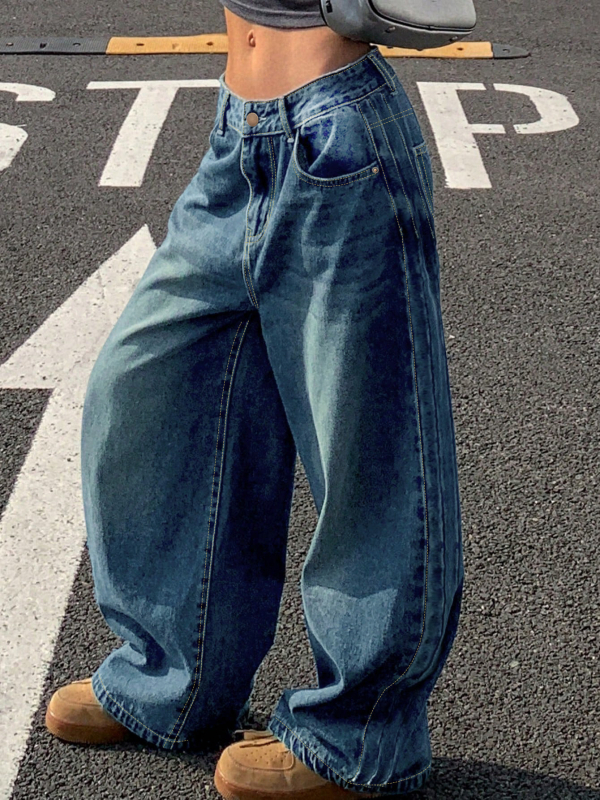 Határokon átnyúló külkereskedelem Amazon Európa és Amerika Retro kék mosott egyenes farmer női amerikai bő, széles szárú nadrág