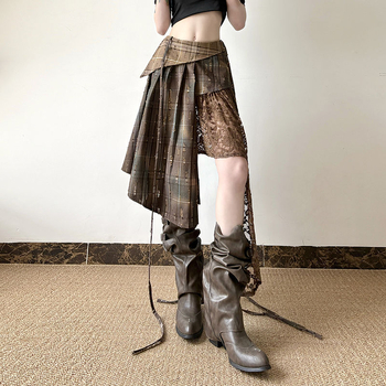 2025-ös Wasteland Wandering stílusú, könnyed ázsiai niche dizájnú, szabálytalan kockás, csipke illesztésű szoknya, karcsúsító, középhosszú szoknya