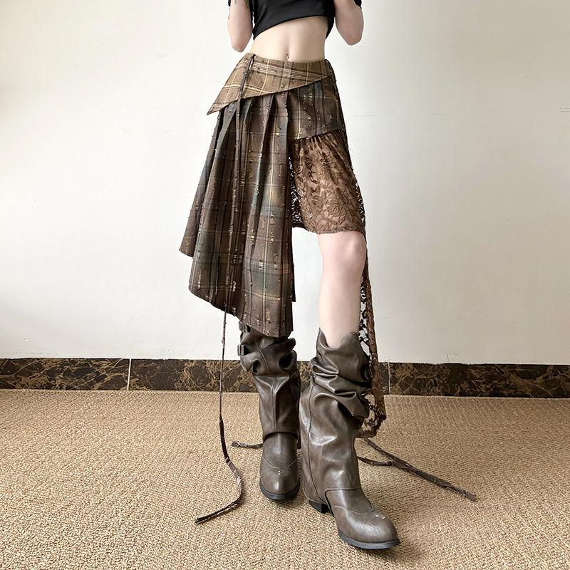 2025-ös Wasteland Wandering stílusú, könnyed ázsiai niche dizájnú, szabálytalan kockás, csipke illesztésű szoknya, karcsúsító, középhosszú szoknya
