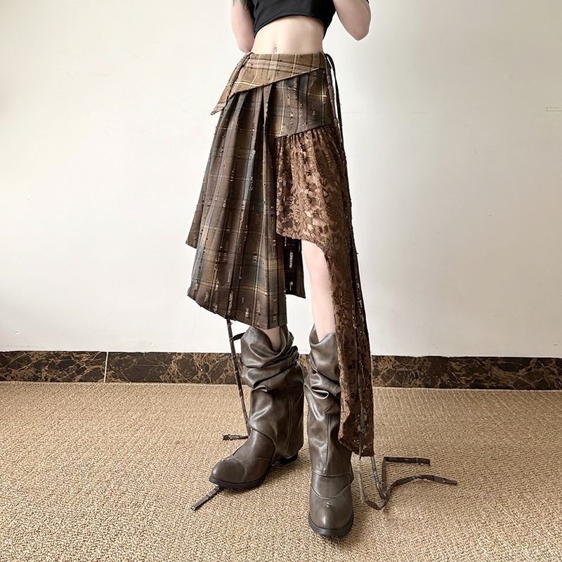 2025-ös Wasteland Wandering stílusú, könnyed ázsiai niche dizájnú, szabálytalan kockás, csipke illesztésű szoknya, karcsúsító, középhosszú szoknya