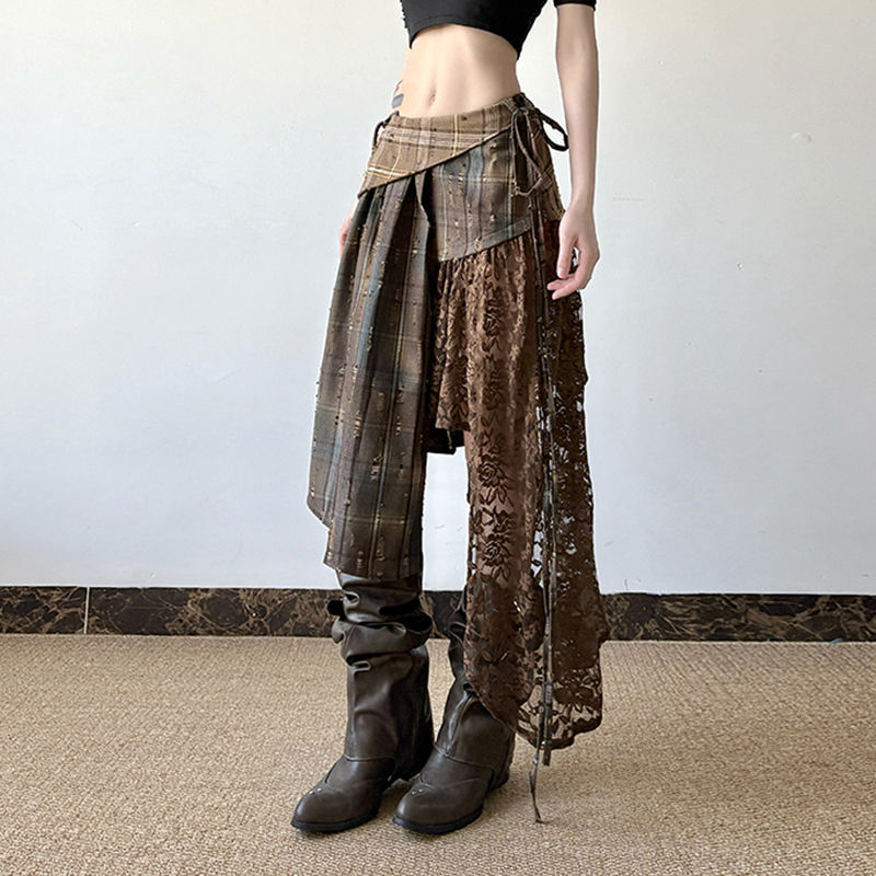 2025-ös Wasteland Wandering stílusú, könnyed ázsiai niche dizájnú, szabálytalan kockás, csipke illesztésű szoknya, karcsúsító, középhosszú szoknya