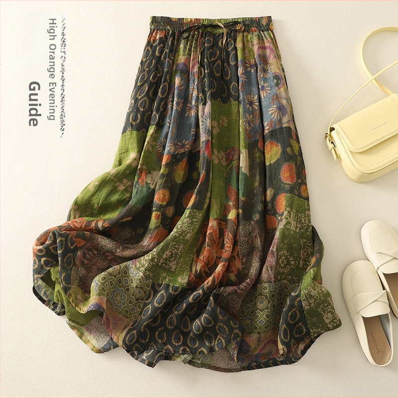 Valódi felvétel egy nyári új retró, lezser, sokoldalú, rami mintás, kétrétegű szoknyáról