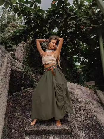 Ευρωπαίες και Αμερικανίδες γυναίκες casual φούστα 2024, νέο στυλ, μακρύ φόρεμα από οργανικό βαμβάκι με κορδόνι και μεγάλες τσέπες, μποέμ