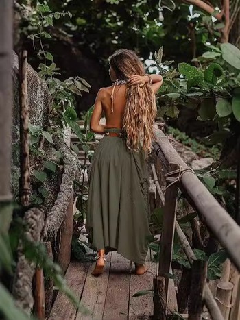 Ευρωπαίες και Αμερικανίδες γυναίκες casual φούστα 2024, νέο στυλ, μακρύ φόρεμα από οργανικό βαμβάκι με κορδόνι και μεγάλες τσέπες, μποέμ