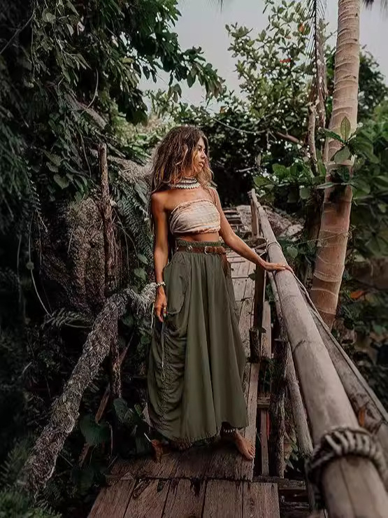 Európai és amerikai női lezser szoknya 2024 új stílusú húzózsinóros, nagy zsebes, bohém, laza, organikus pamut hosszú ruha