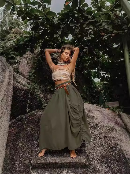 Európai és amerikai női lezser szoknya 2024 új stílusú húzózsinóros, nagy zsebes, bohém, laza, organikus pamut hosszú ruha